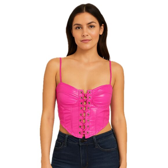 Hot & Delicious Tops - Y2K Hot Pink Vinyl Corset Top